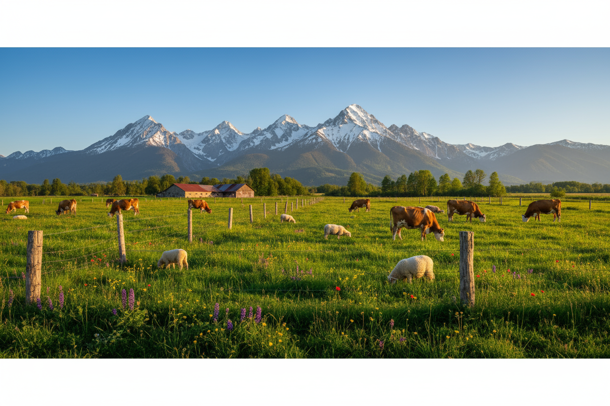 1200x500 image of a farm pasture with a moutain back drop. fully organic farm